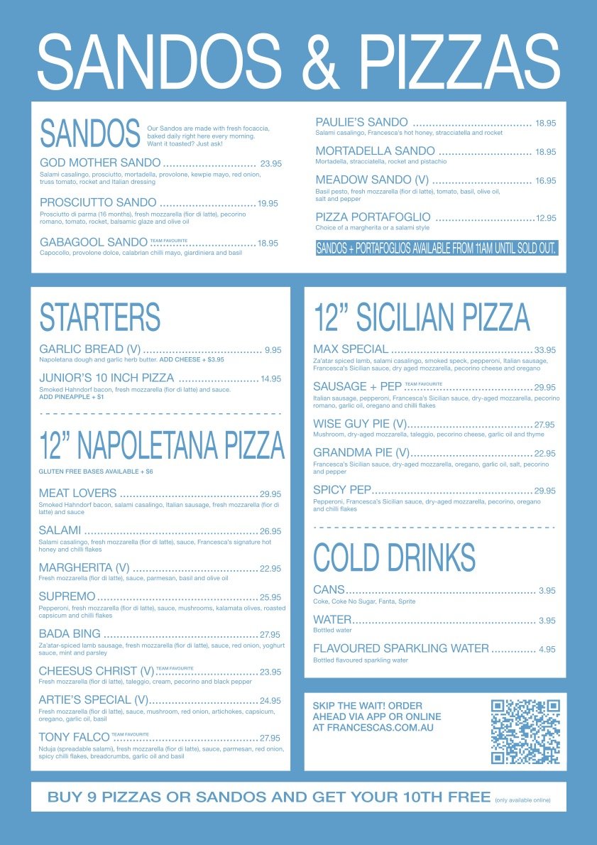 Menu for Sandos & Pizzas featuring options for sandwiches, starters, 12-inch Sicilian pizza, cold drinks, and a special offer for nine pizzas or sandwiches with a tenth free.