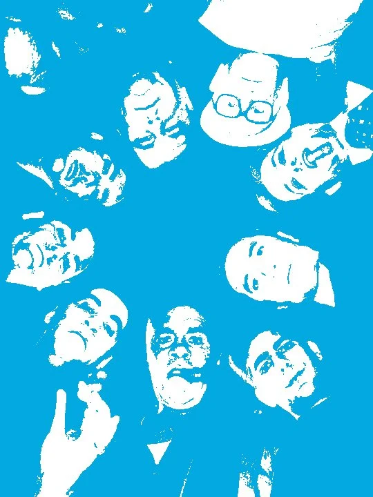 Ten people gathered in a circular formation, looking down at the camera, with some making gestures.