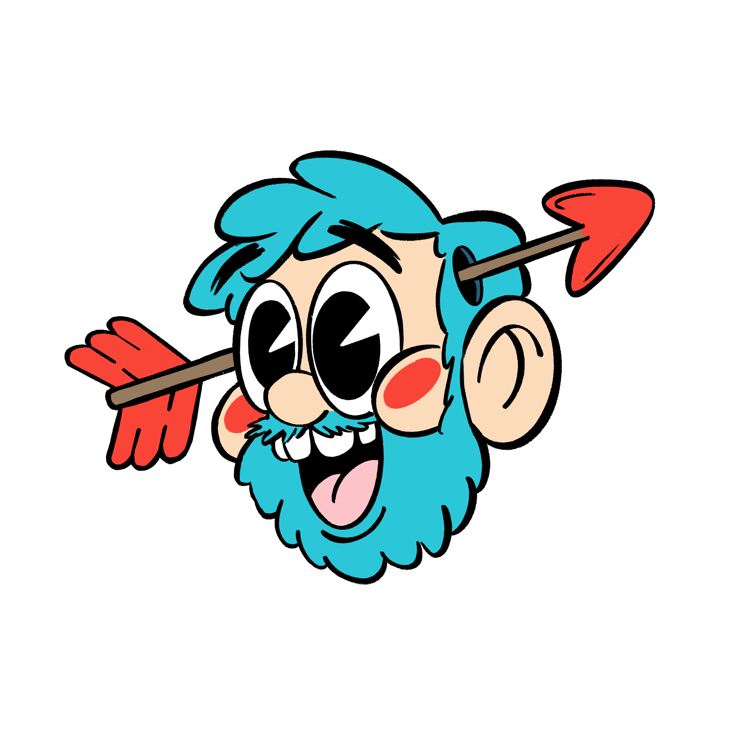 Cartoon illustration of a happy, smiling bearded man with large eyes, red cheeks, blue hair and beard, and an arrow through his head.