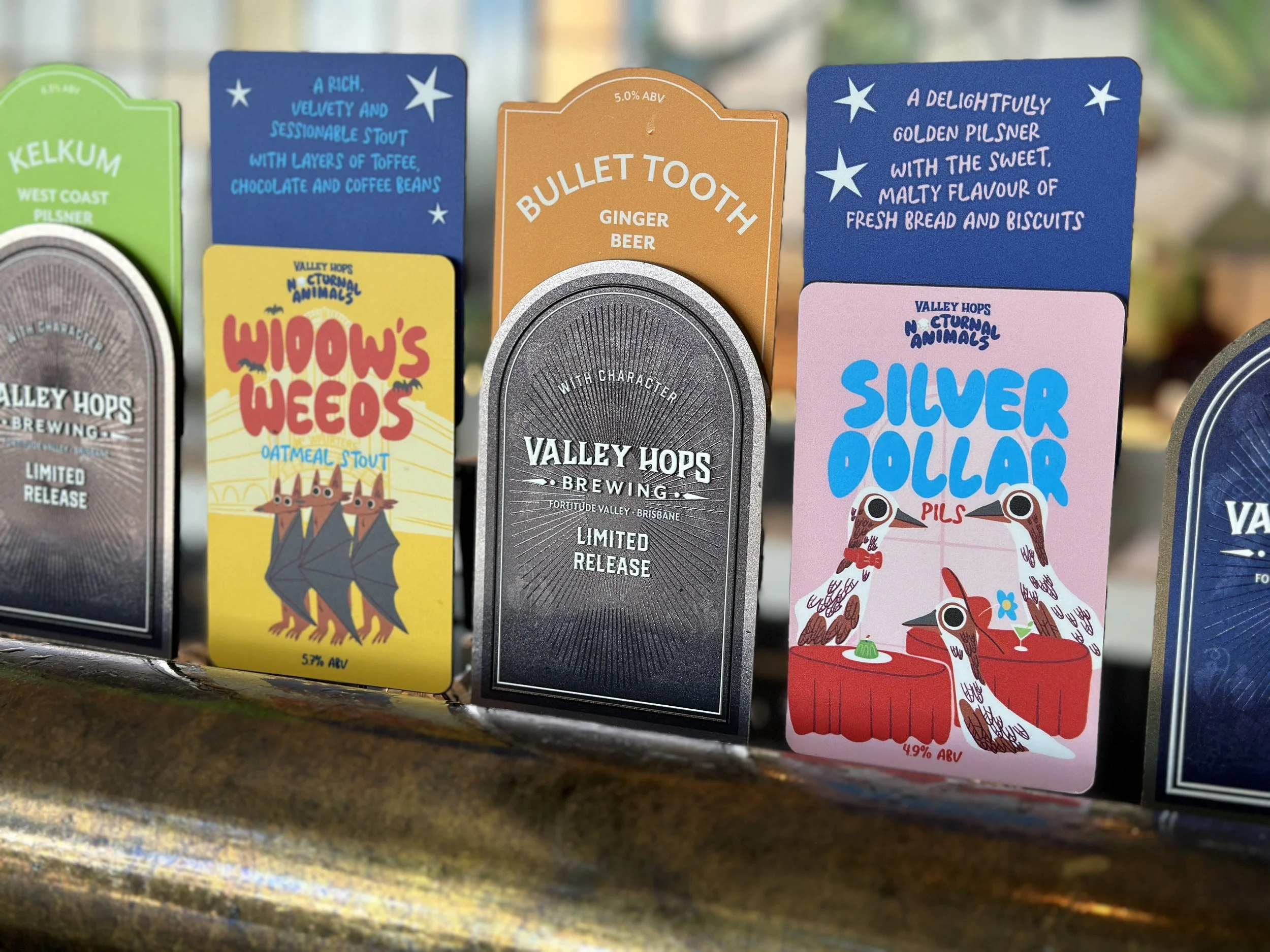 Valley Hops beer taps featuring Nocturnal Animals beer labels designed by Jimmy Patch