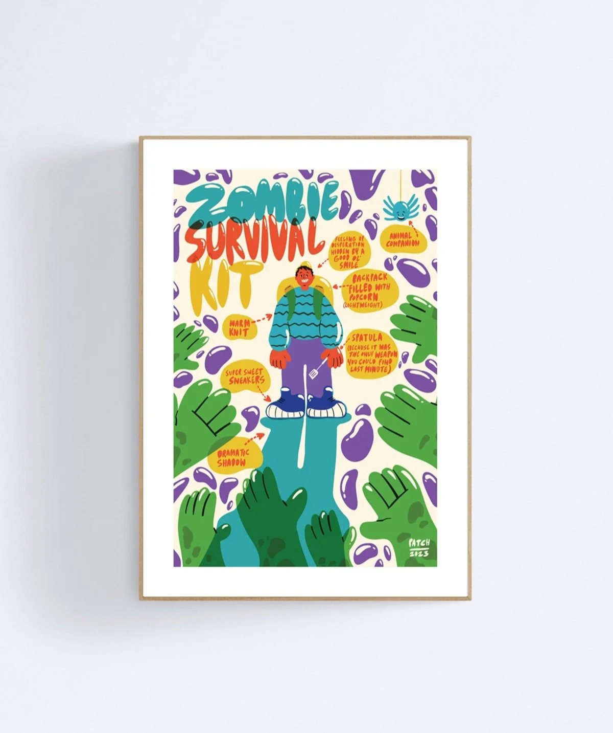 'Zombie Survival Kit' framed illustration by Jimmy Patch.