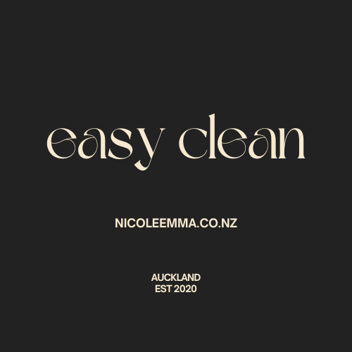 Brand logo for easy clean with website and location details, on a black background.