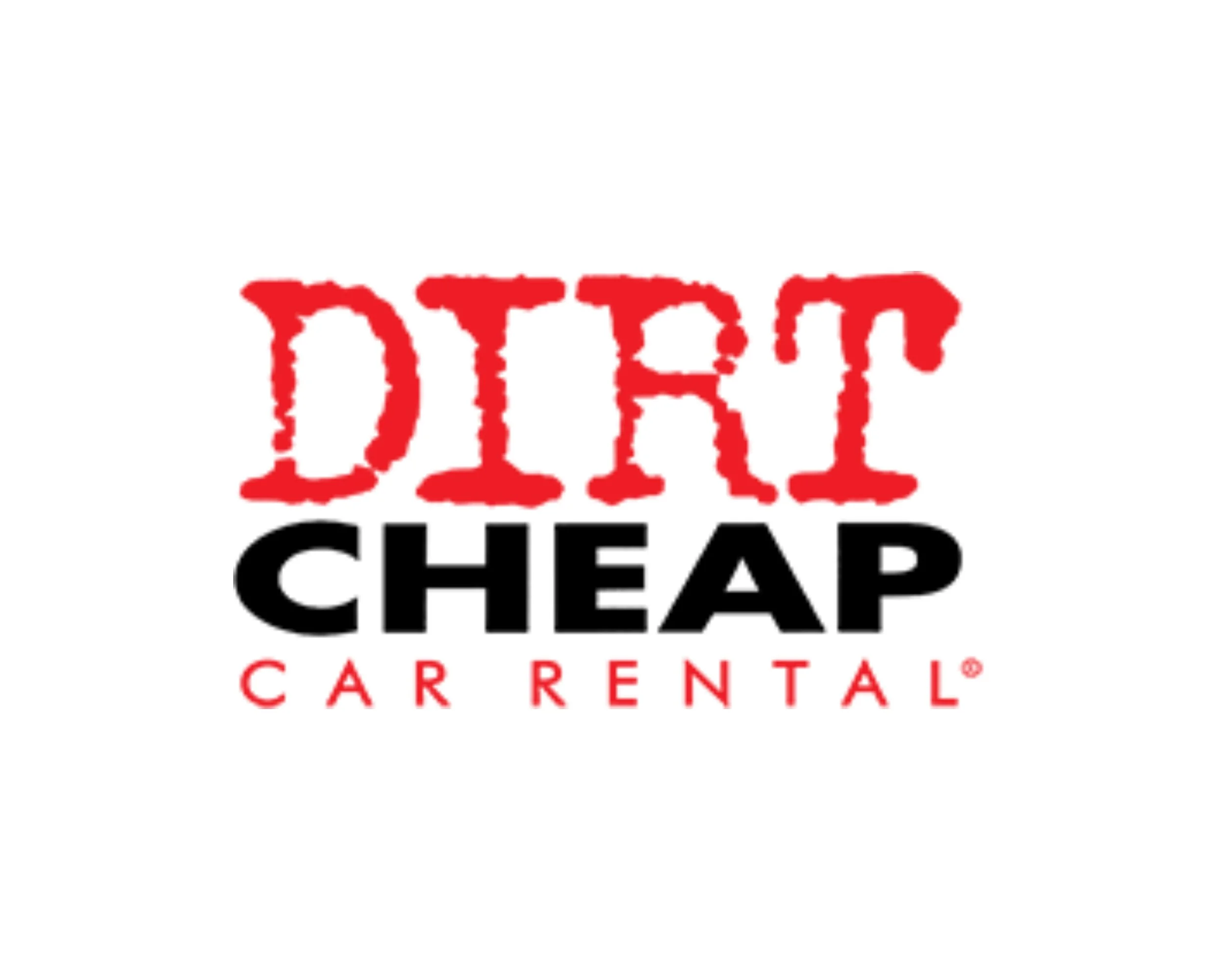 Logo for DIRT CHEAP Car Rental, with 'DIRT' written in red, textured font, 'CHEAP' in bold black font, and 'CAR RENTAL' in red capital letters below.