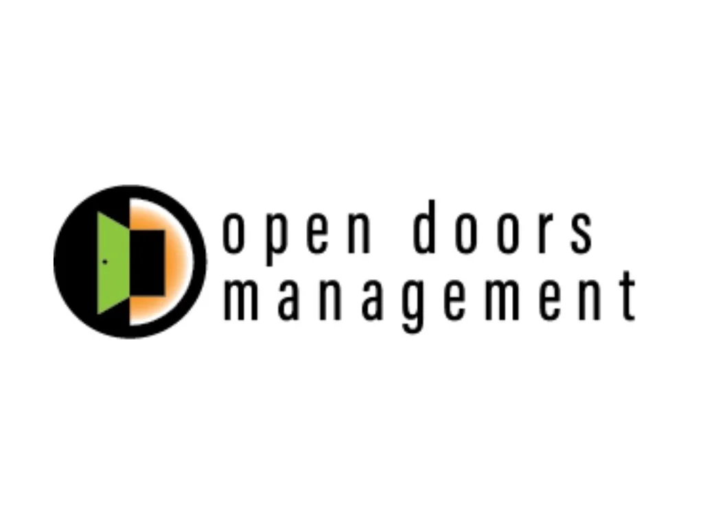 Logo for open doors management with a stylized door in a black circle