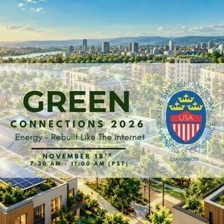 A digital flyer for Green Connections 202 featuring wind turbines in a green field under a blue sky with scattered clouds. The flyer includes logos for San Diego, the US Department of Commerce, and Green Connections, along with the event date of November 14th from 7:30 am to 11:00 am PST, promoting renewable energy innovations.