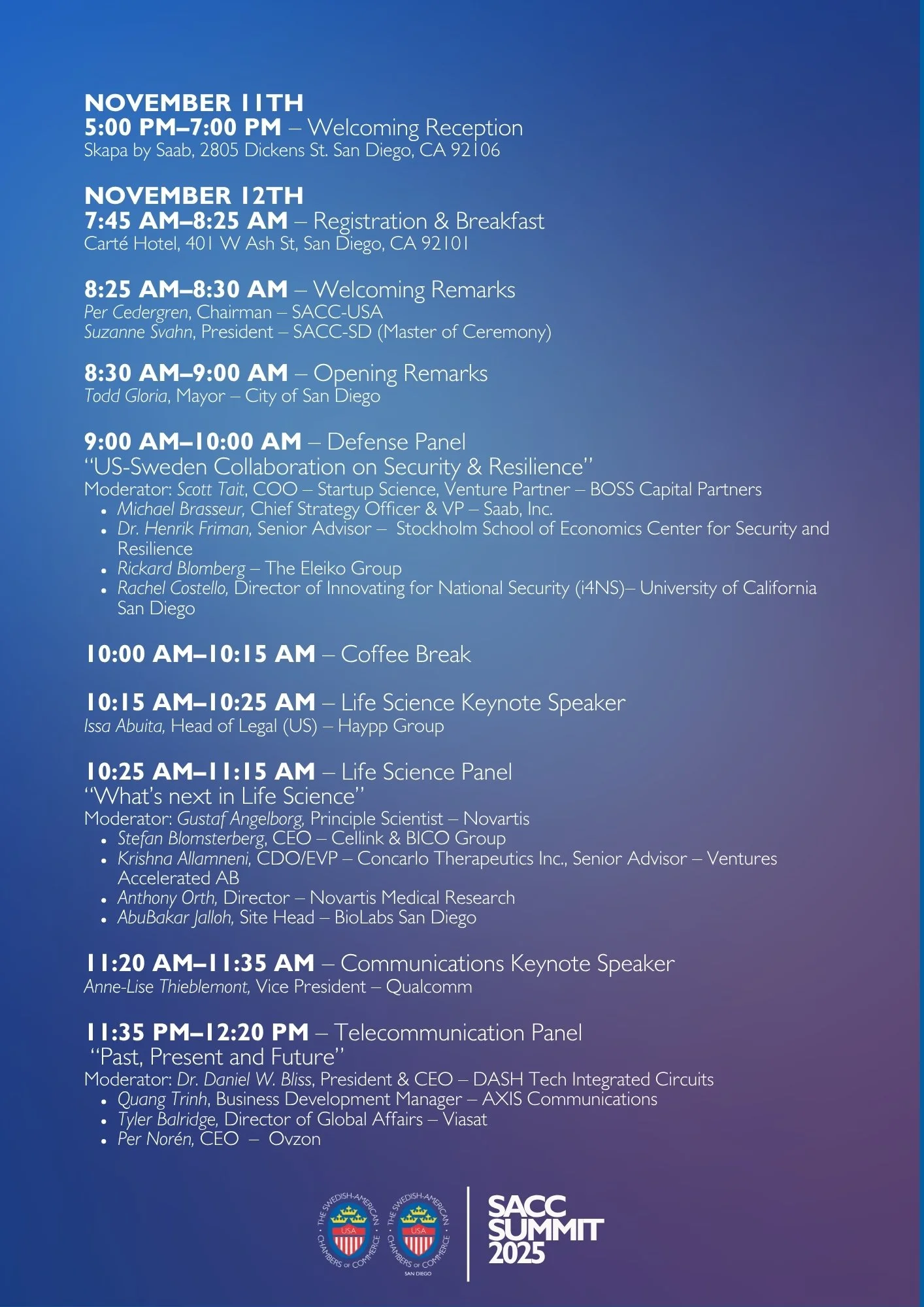 Schedule of events for the SACC Summit 2025, including dates, times, locations, and topics of various sessions such as welcoming reception, registration, keynote speakers, panels, and panels on security, life science, communications, and telecommunication.