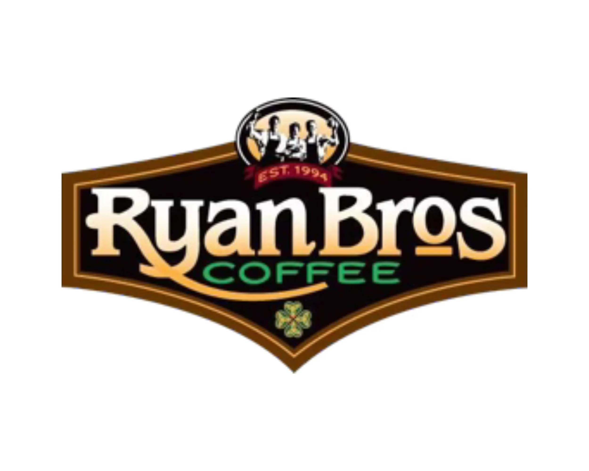 Logo of Ryan Bros Coffee with a black background, featuring the text 'Ryan Bros Coffee' in cream and green, a crest with brewed coffee cups at the top, and a four-leaf clover at the bottom.