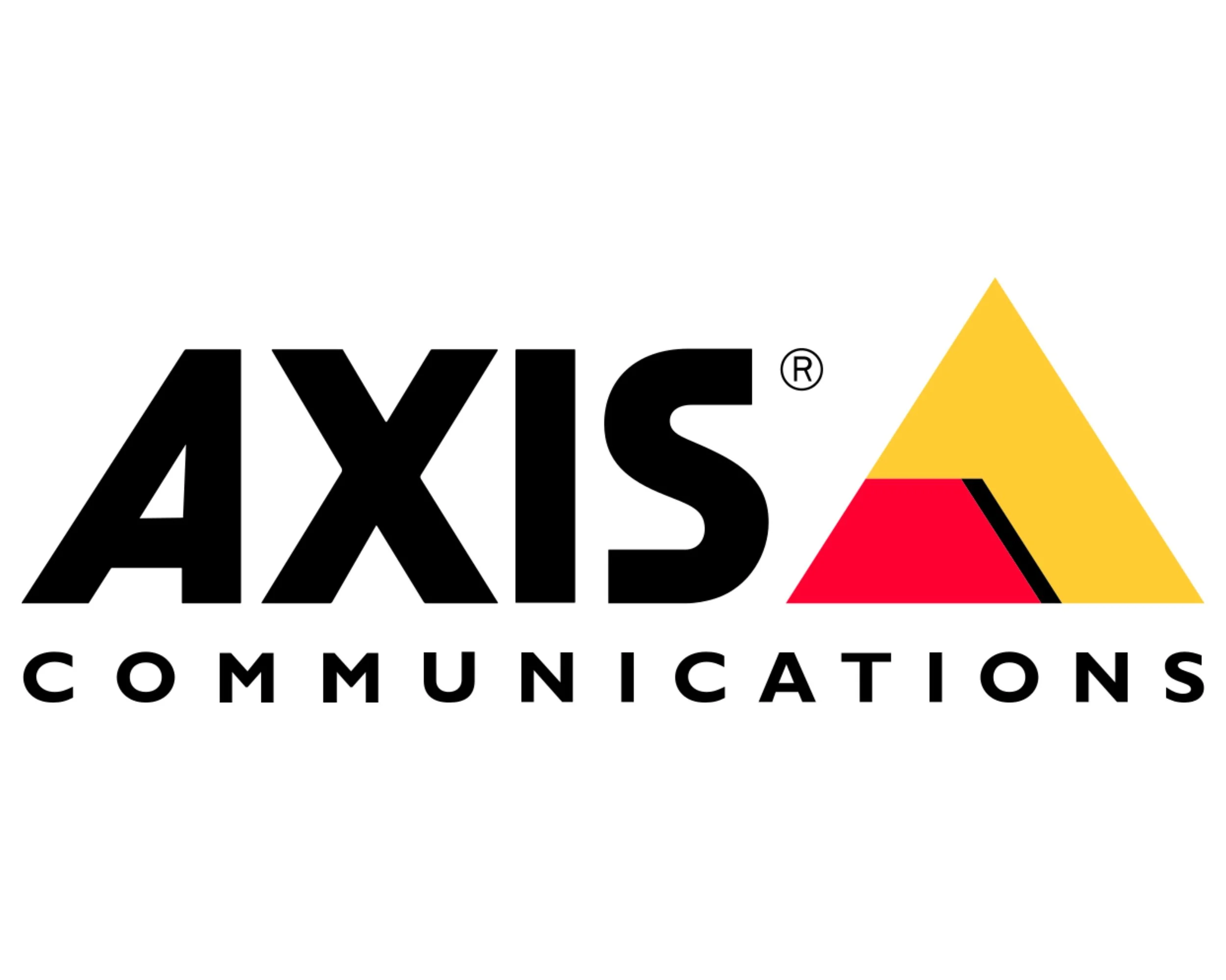 AXIS Communications logo featuring black text and a yellow and red triangle design.