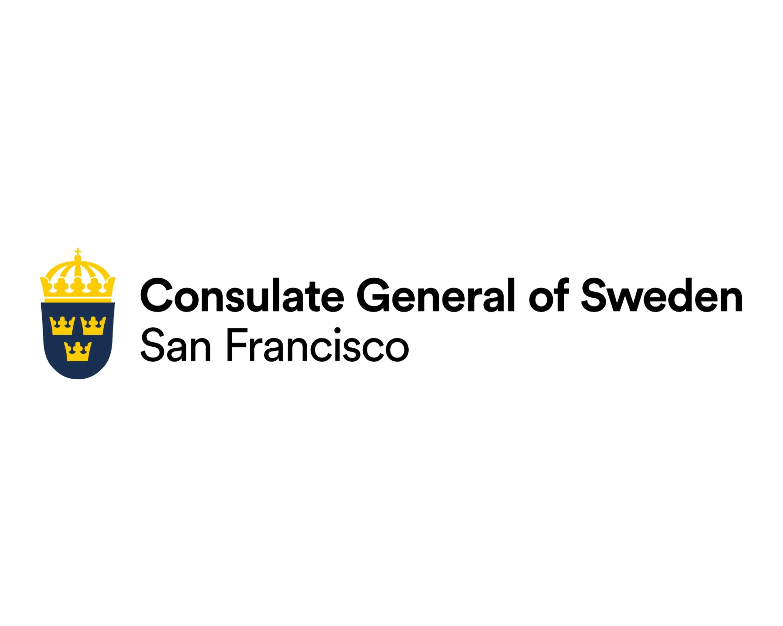 Logo of the Consulate General of Sweden in San Francisco, featuring a yellow and blue Swedish coat of arms with a crown and three crowns.
