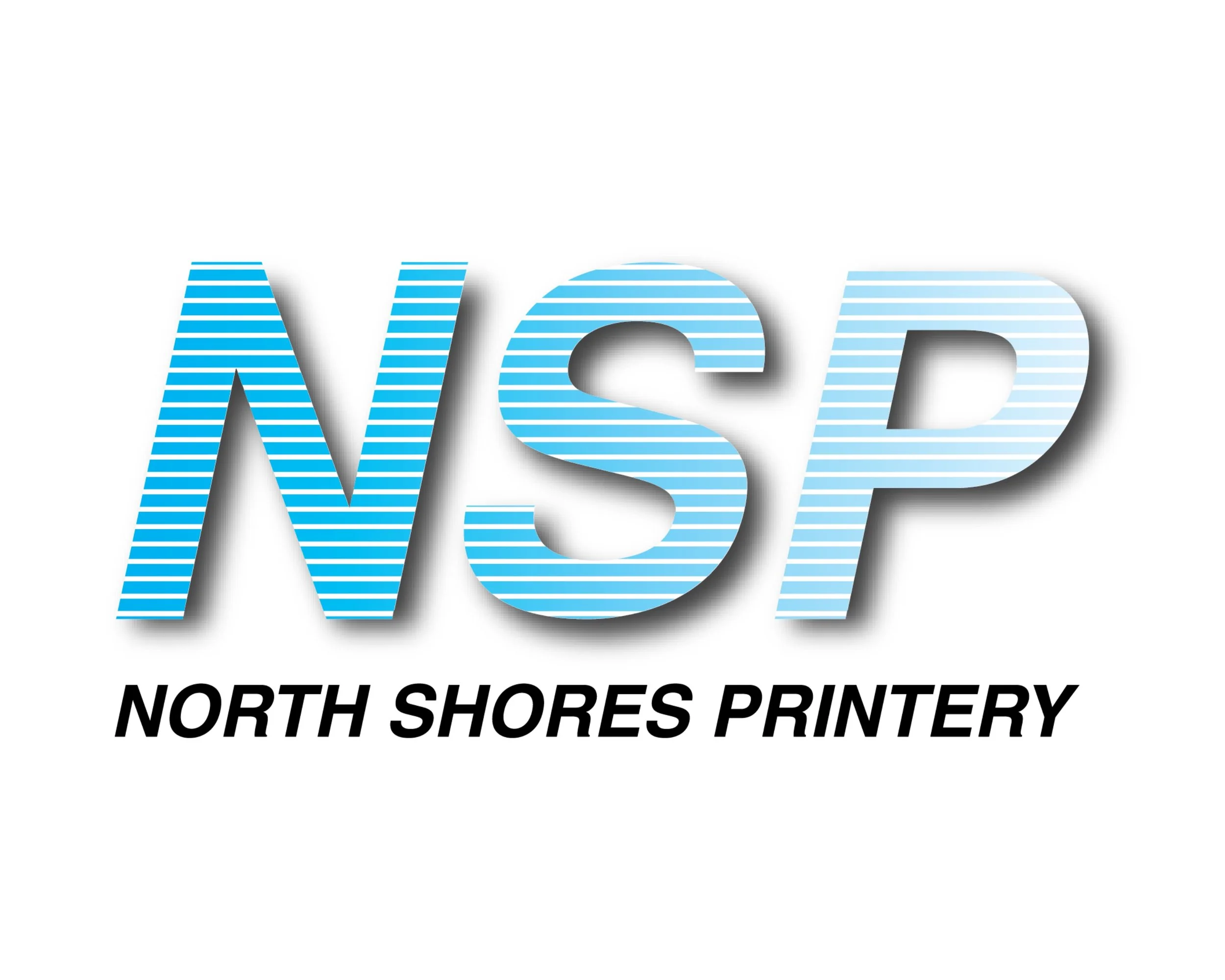 Logo of North Shores Printery with the letters NSP in blue with striped pattern and shadows, and the words NORTH SHORES PRINTERY in black below.