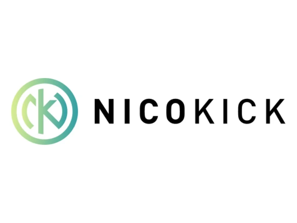 The image features a logo with the text 'NICO KICK' and a circular emblem on the left that contains stylized letters intertwined, colored in a gradient of green and blue.