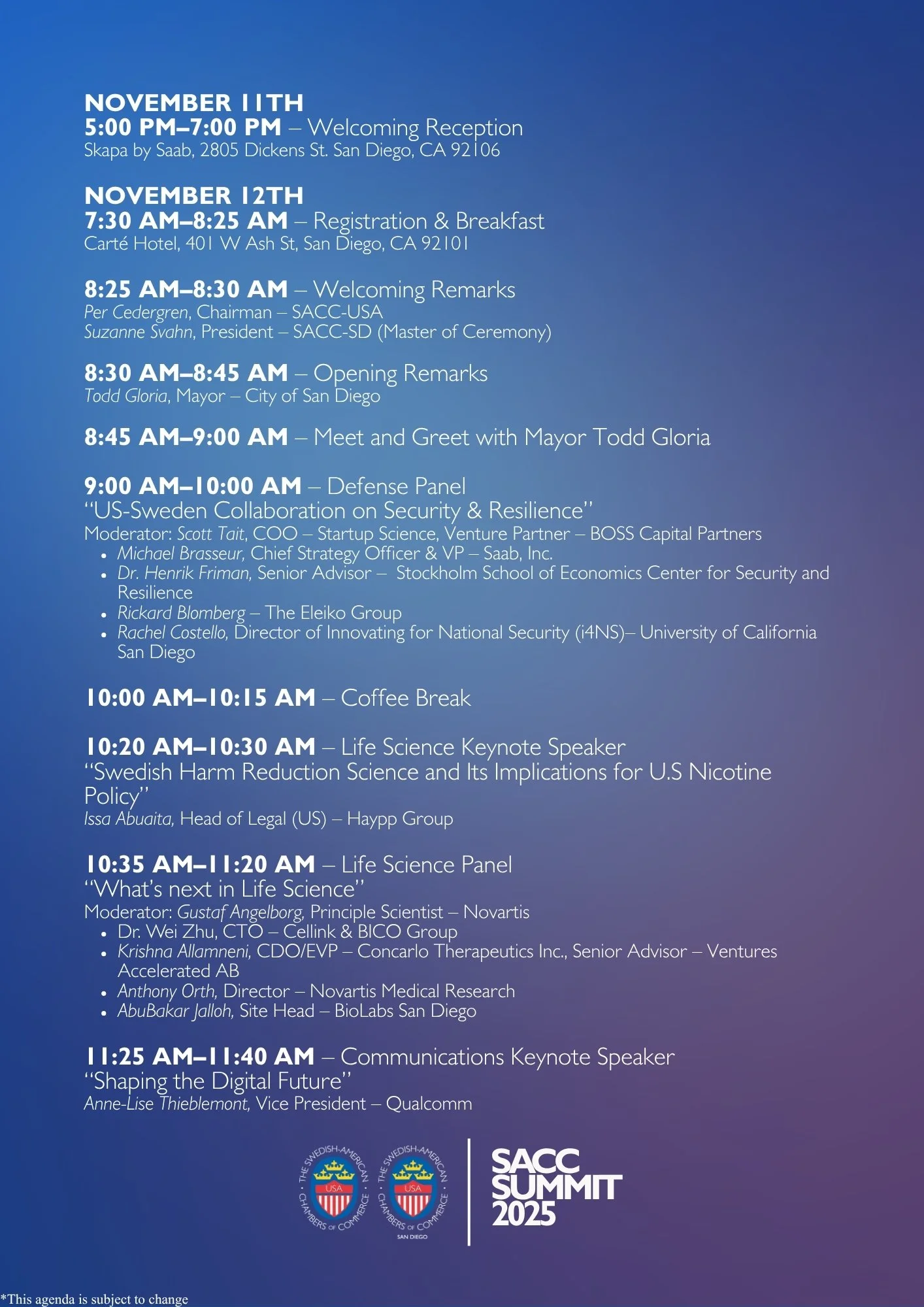 Schedule of events for the SACC Summit 2025, including dates, times, locations, and topics such as welcoming reception, registration, remarks, panel discussions, keynote speeches, and a coffee break.