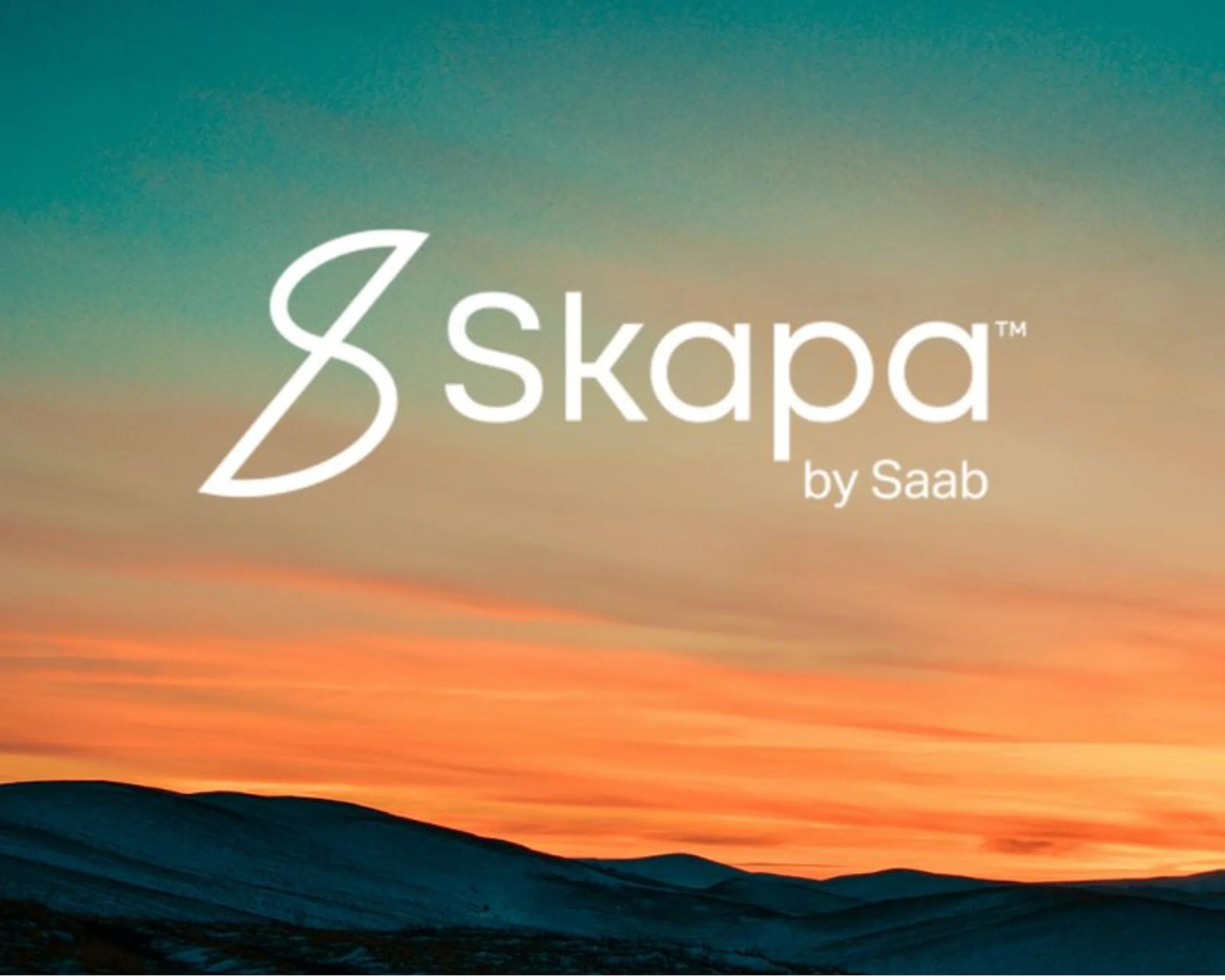 Sunset over a hilly landscape with the logo and text 'Skapa by Saab' in the center.