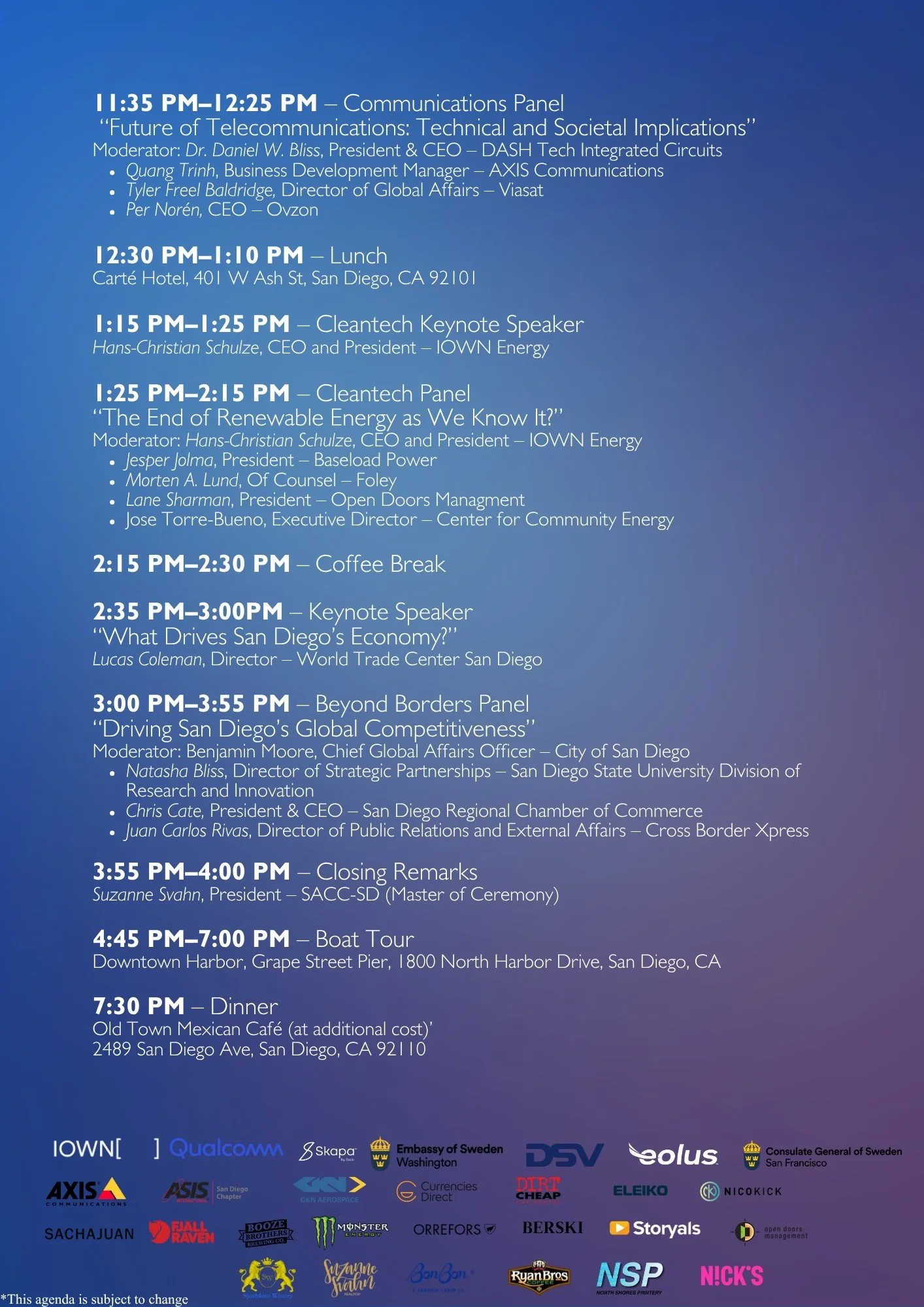 Schedule for a conference with various events listed, including panels, keynote speeches, lunch, coffee breaks, dinners, and boat tours, along with event times and locations. Logos of sponsors are at the bottom.