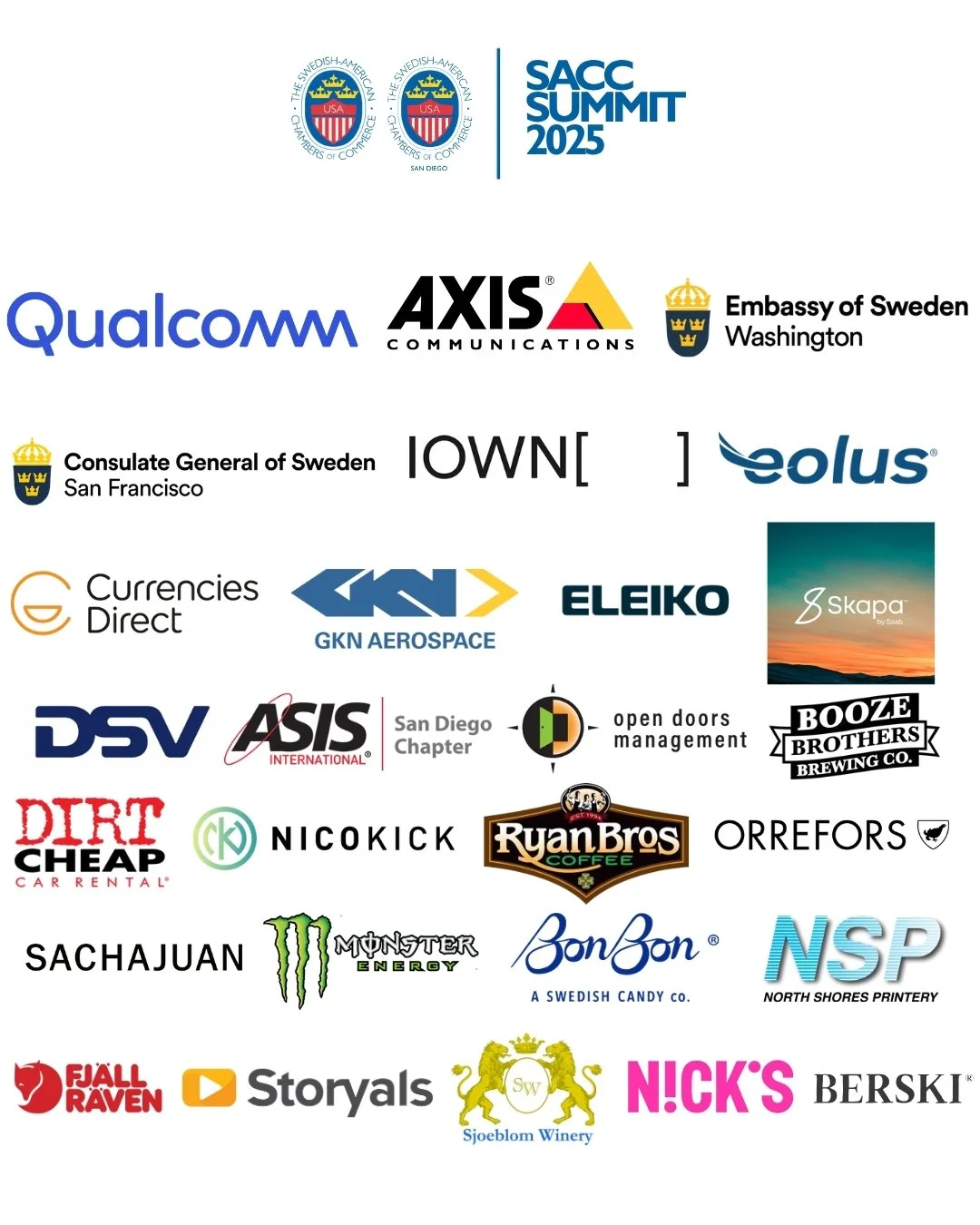 Logos of various companies and organizations, including SACC Summit 2025, Qualcomm, Axis Communications, Embassy of Sweden Washington, Consulate General of Sweden San Francisco, IOWN, Eolus, Skapa, Currencies Direct, GKN Aerospace, Eleiko, DSV, ASIS International San Diego Chapter, Booze Brothers Brewing Co., Dirt Cheap Car Rental, Nicokick, Ryan Bros Coffee, Orrefors, Sacha Juang, Monster Energy, Bon Bon, NSP, Fjall Raven, Storytale, Sjoeblom Winery, Nick's, and Berski, displayed on a white background.