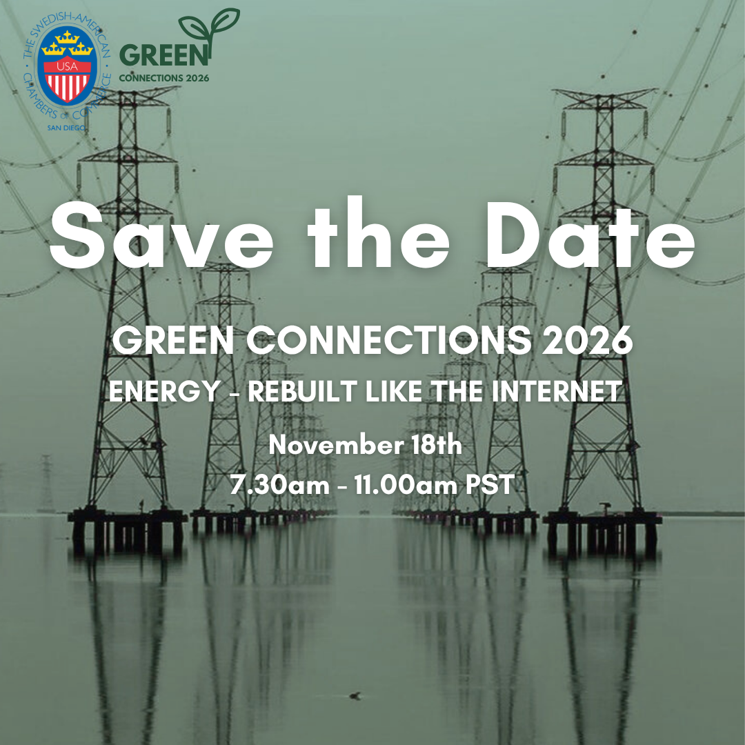 A digital flyer for Green Connections 202 featuring wind turbines in a green field under a blue sky with scattered clouds. The flyer includes logos for San Diego, the US Department of Commerce, and Green Connections, along with the event date of November 14th from 7:30 am to 11:00 am PST, promoting renewable energy innovations.