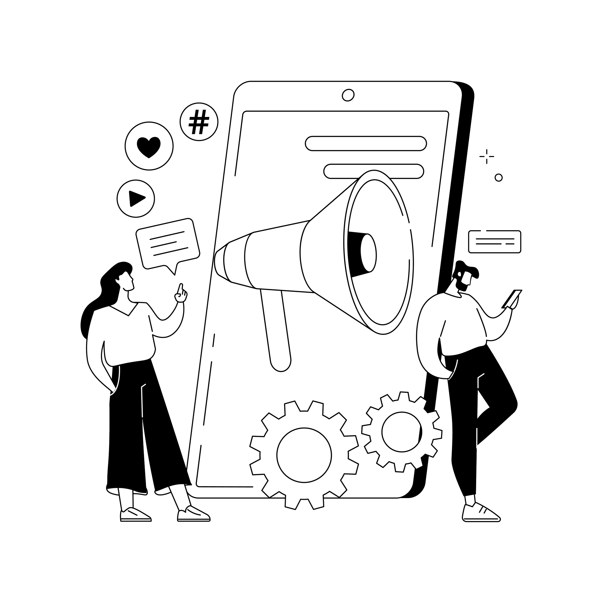 Digitale Marketing-Szene mit zwei Personen, einem Megafon und Social Media Symbolen auf einem großen Smartphone. Hintergrund ist schwarz, die Illustrationen sind in Schwarz-Weiß.