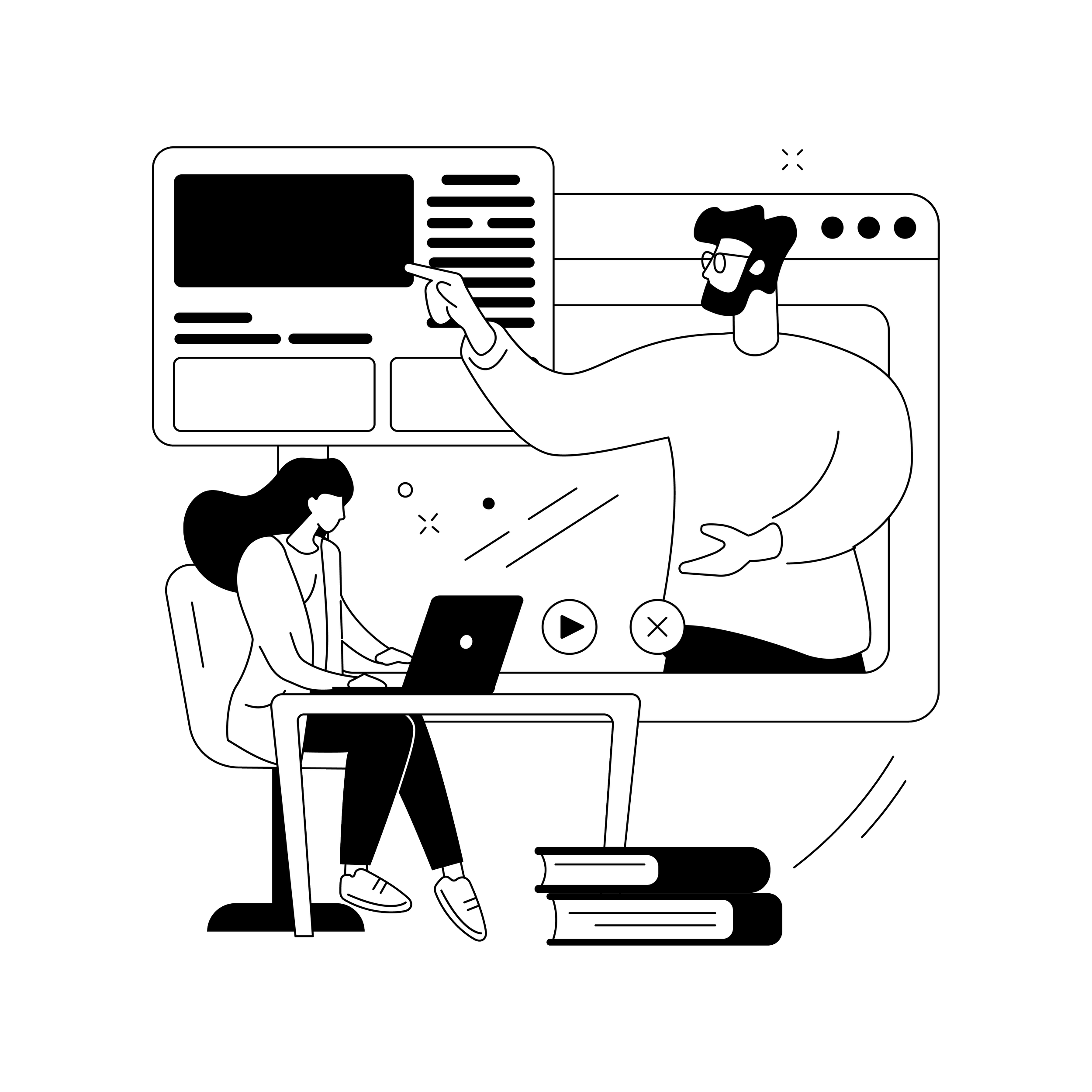 Illustration eines Mannes und einer Frau, die Online-Meeting oder Videoproduktion auf Laptops und einem Bildschirm durchführen, mit Bücher unter dem Tisch.