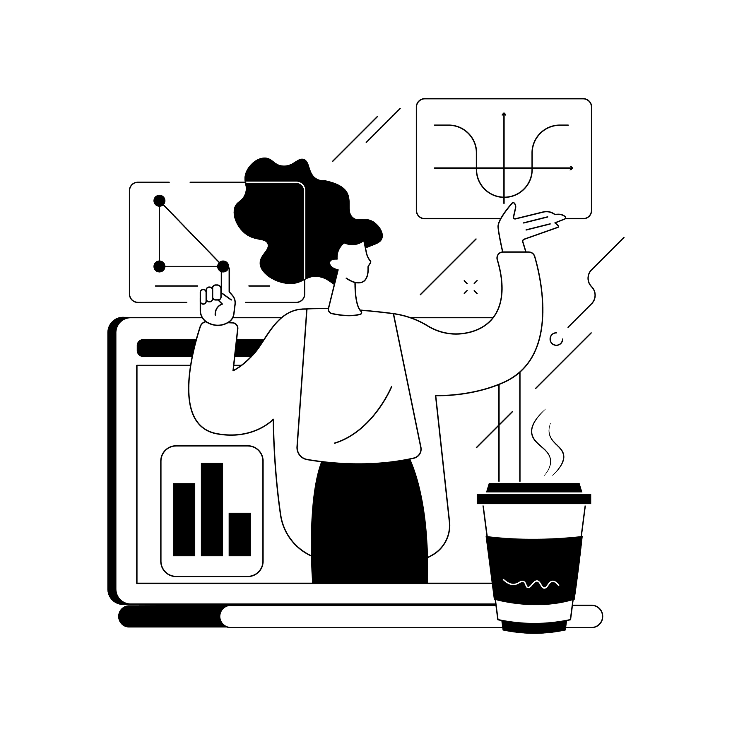 Eine Illustration einer Person, die vor einem Laptop steht und Graphen sowie mathematische Diagramme zeigt, mit einem Kaffeebecher vor dem Laptop.