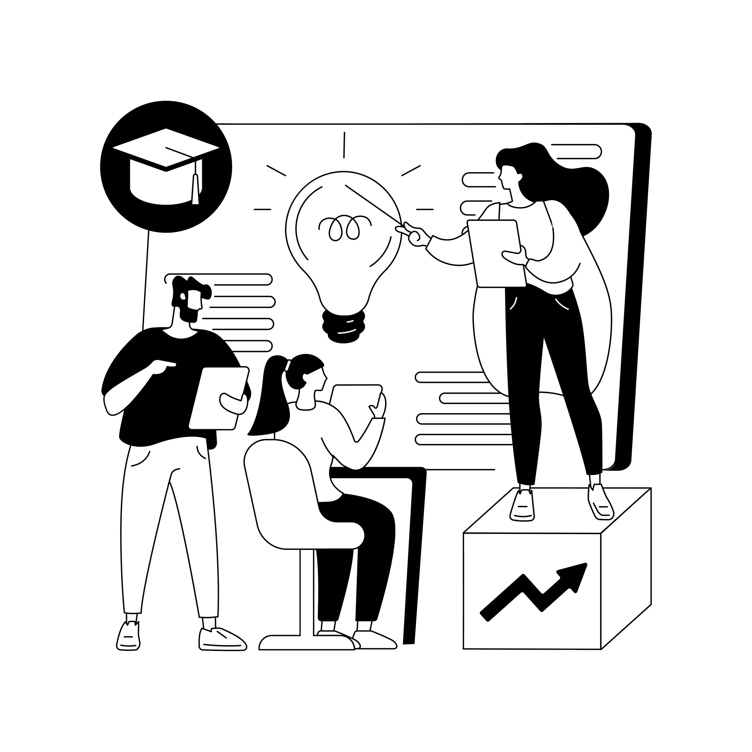 Drei Personen während einer Präsentation über Ideen und Innovationen, mit einem Lichtbulb-Symbol und einem Wissenschaftsgrad-Symbol im Hintergrund, in Schwarz-Weiß-Illustration.