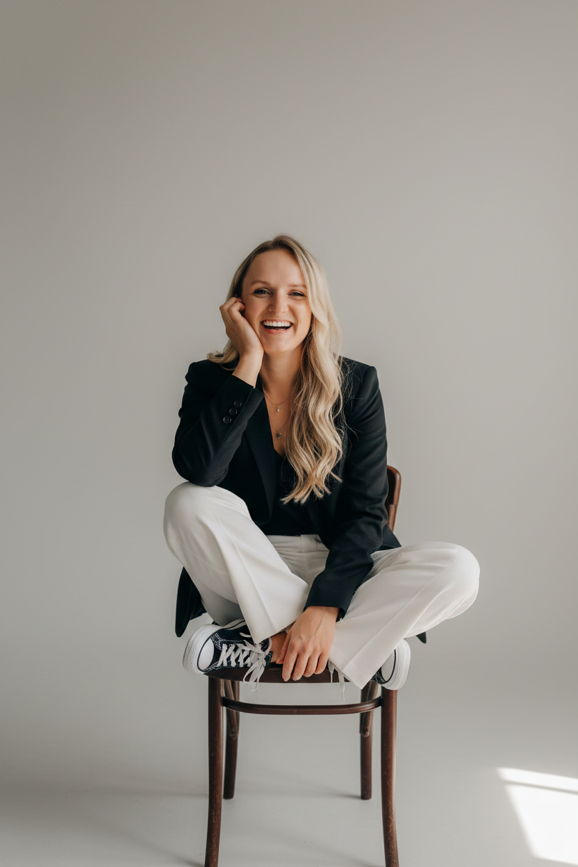 Lächelnde Frau sitzt auf einem Stuhl, trägt schwarze Jacke, weiße Hose und Sneakers, vor hellem Hintergrund.