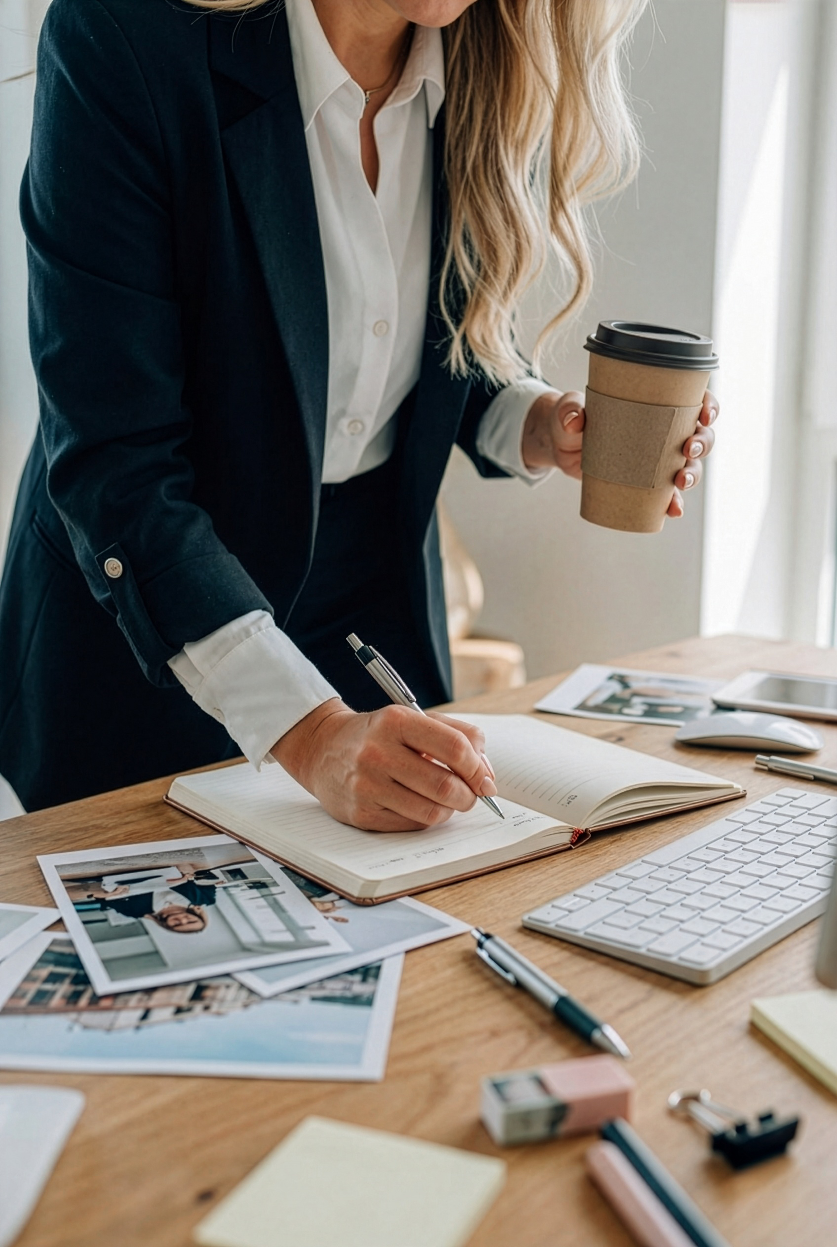 Eine Frau im Business-Outfit schreibt in ein Notizbuch auf einem Schreibtisch, während sie eine Tasse Kaffee hält. Auf dem Tisch liegen Fotos, ein Tastatur, ein Computer-Maus, Stifte, Notizzettel und Büroklammern.