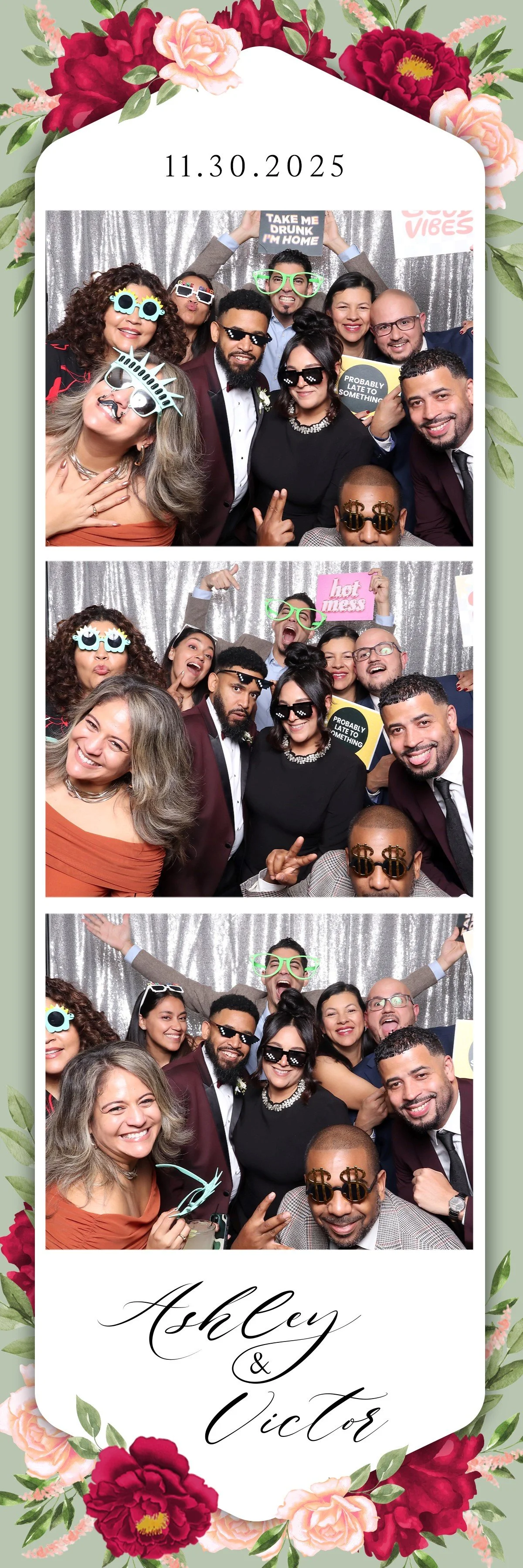 A photo booth strip with three images showing a group of people celebrating a wedding. The attendees wear fun accessories like sunglasses and hold signs with playful messages. The background is a silver sequin curtain, and the border features pink an