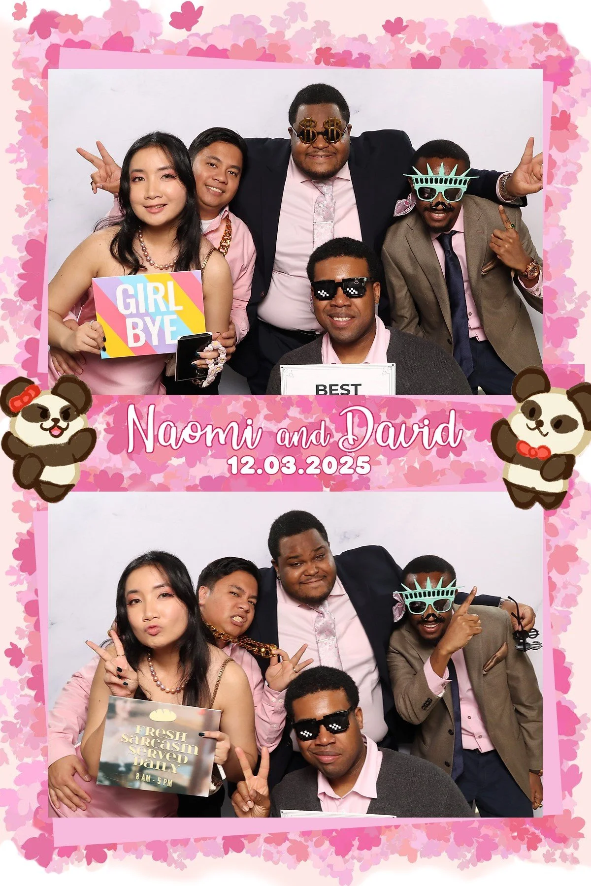 Group of six people in a photo booth with a pink floral border, wearing fun accessories, holding signs, and making playful gestures, celebrating Naomi and David's wedding on December 3, 2025.