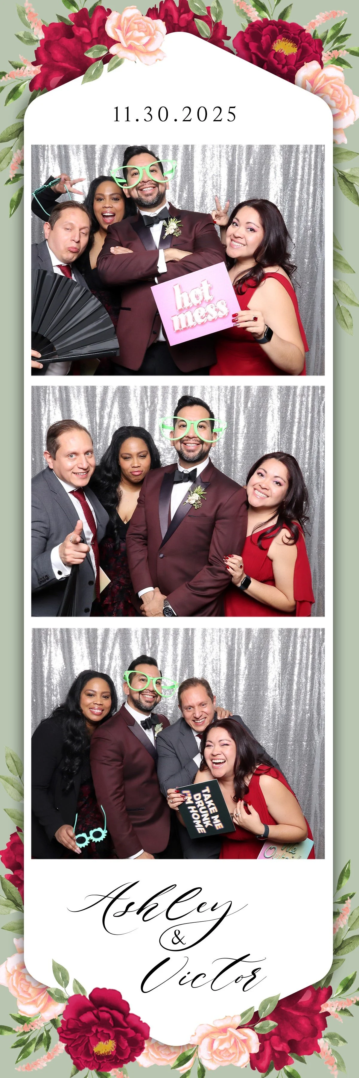 Photobooth strip from a wedding with three pictures of four groupies, including a couple in formal attire with the groom wearing glasses, against a silver foil backdrop. The top photo shows the group acting playful, with the bride holding a pink sign