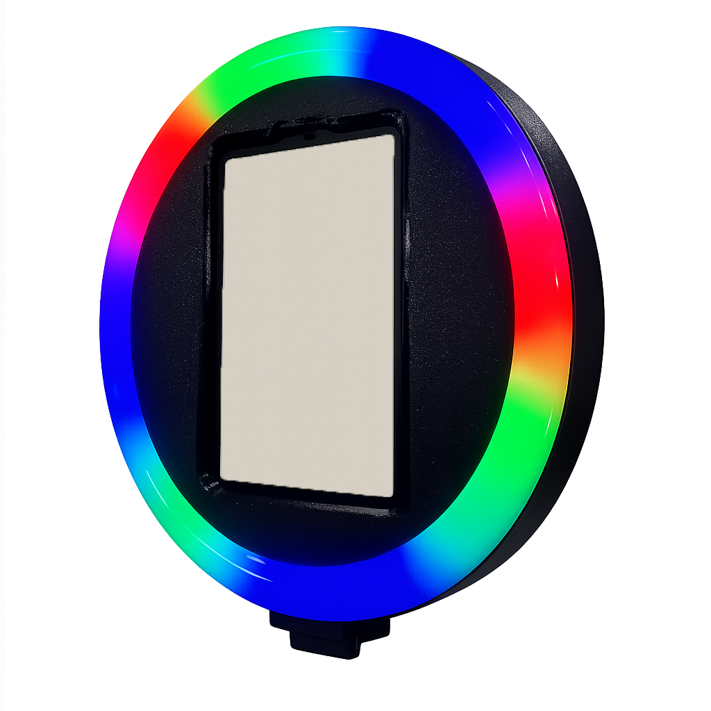 A black object with a screen at its center, surrounded by a colorful LED ring displaying rainbow colors.
