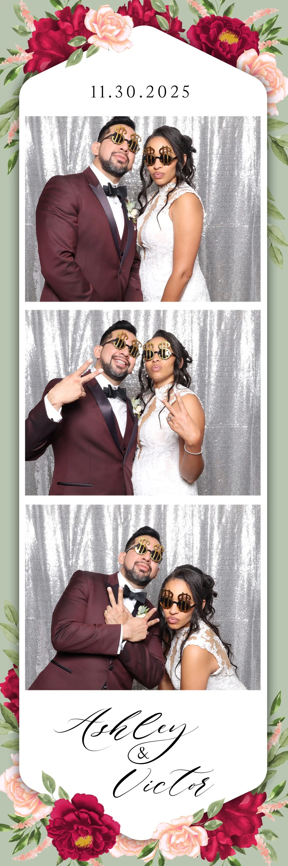 A photo booth strip from a wedding features a couple, Ashley and Victor, dressed in formal wedding attire. The bride is wearing a white lace dress, and the groom is in a burgundy suit with a black bow tie. They wear novelty glasses with dollar signs.