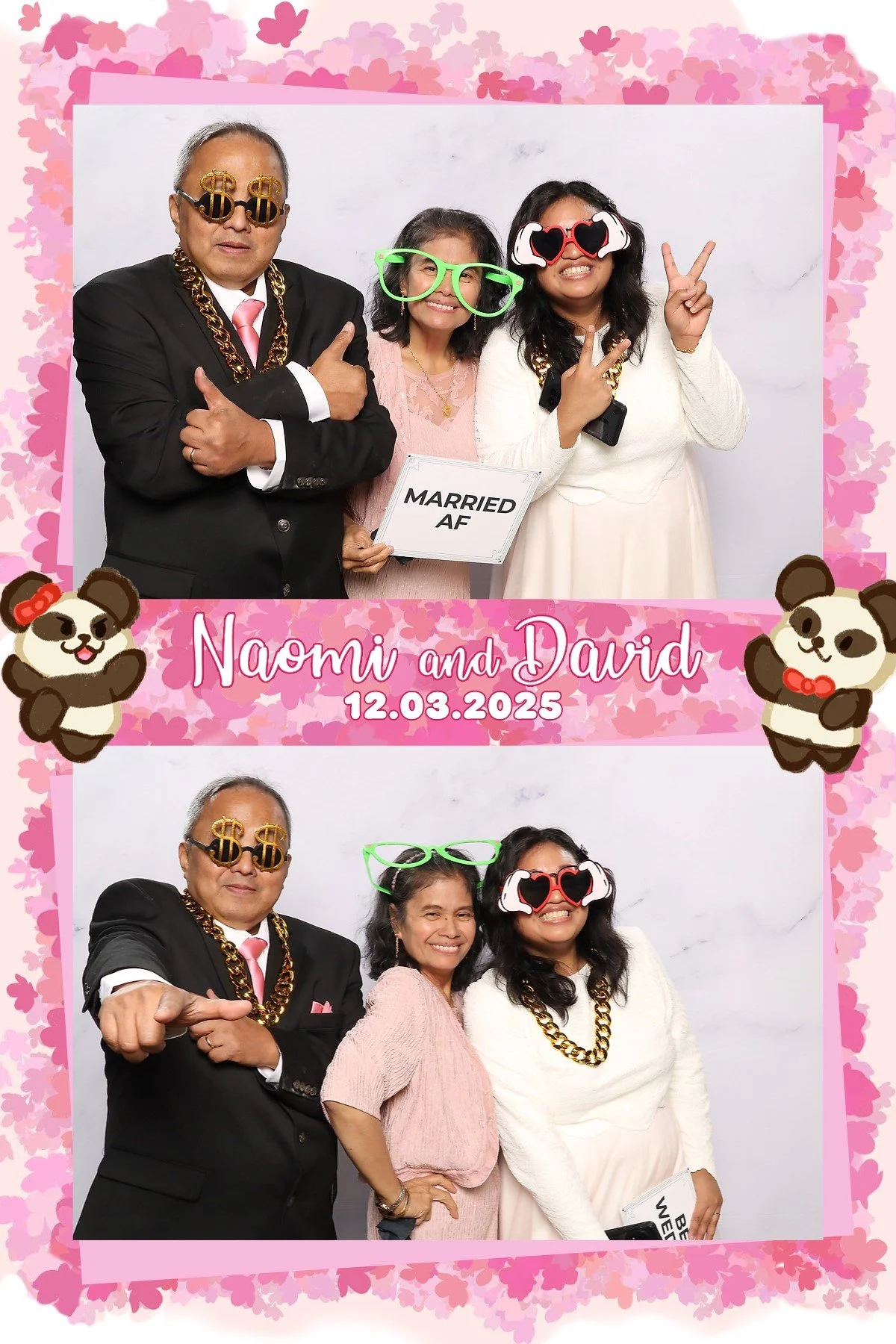 Three people dressed in playful accessories and glasses at a wedding photo booth, with a pink floral border and pandas, celebrating Naomi and David's wedding on December 3, 2025.