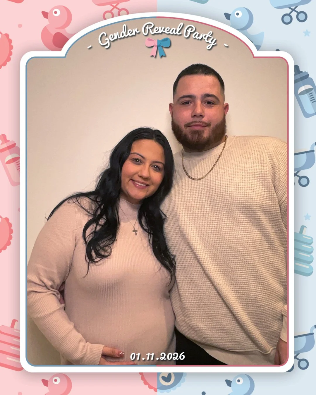 A woman with long dark hair wearing a light pink sweater stands next to a man with a beard wearing a beige sweater, both smiling, at a gender reveal party, with a date of 01.11.2026 at the bottom.