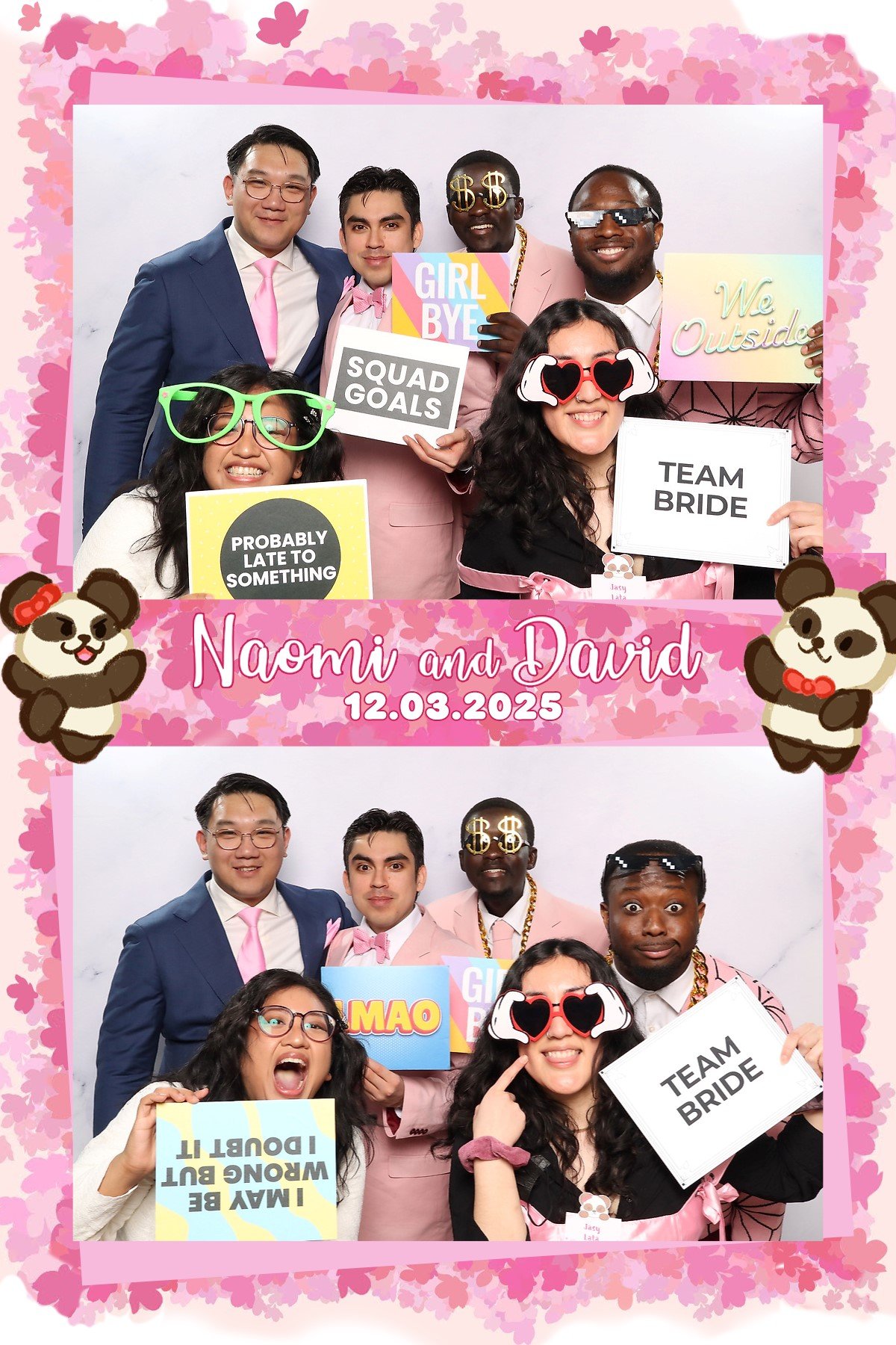 A group of seven people dressed in formal and playful attire, holding humorous signs with wedding-themed messages, in a photo booth with a pink floral border and cartoon pandas. The event is a wedding between Naomi and David on December 3, 2025.