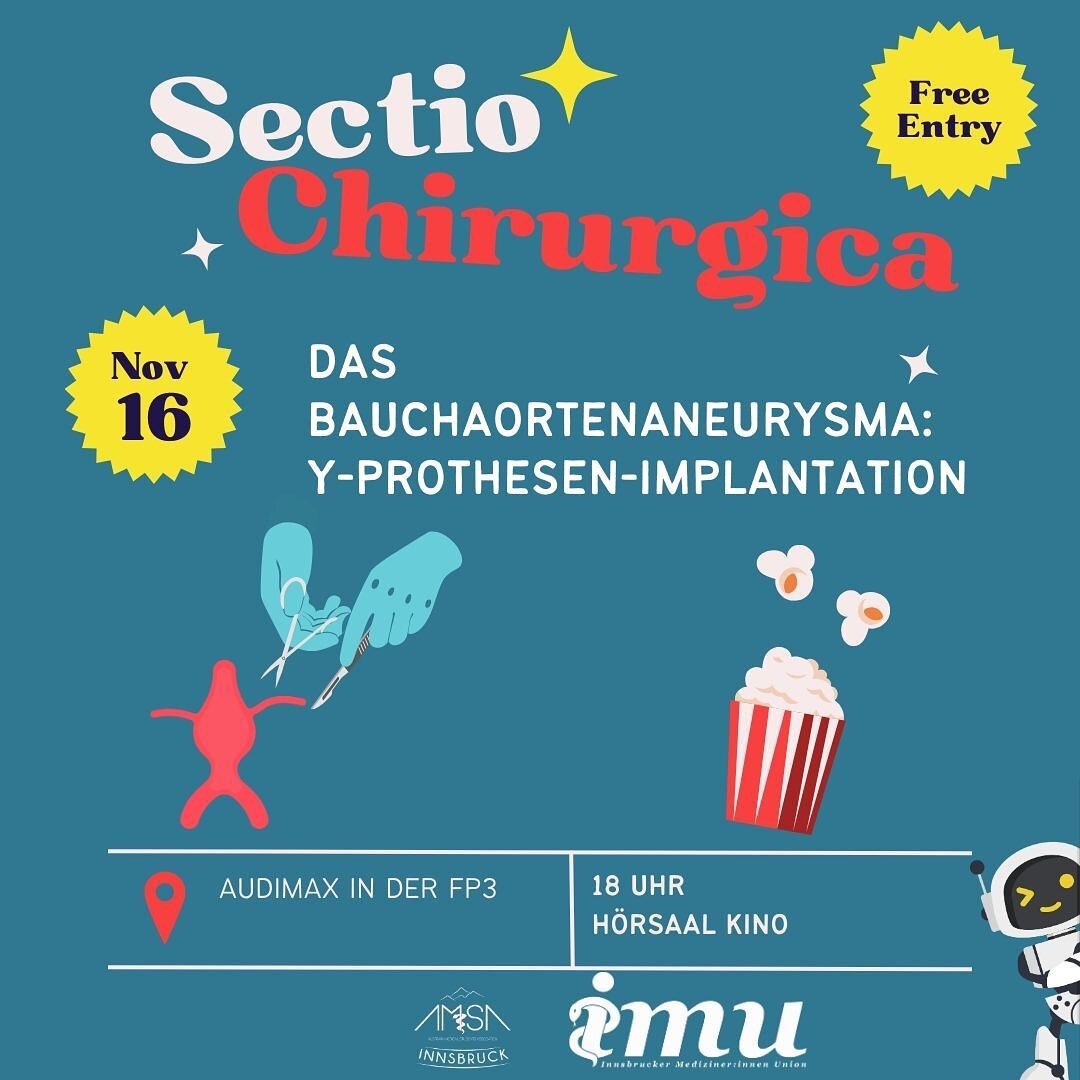 Am Donnerstag geht es wieder los mit einer neuen Folge &bdquo;Sectio chirurgica&ldquo;.
-
Es wird ein spannender Abend rund um das Bauchaortenaneurysma. 
-
Also schnappt euch eure Studienfreund:innen und schaut vorbei um 18.00 Uhr im Audimax in der F