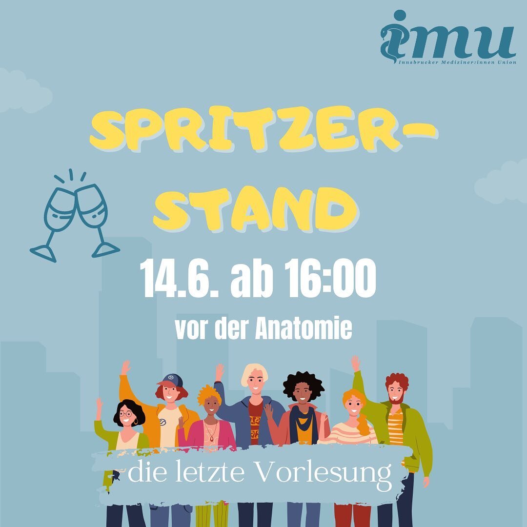 Das Semester neigt sich dem Ende zu und bald ist die letzte Vorlesung vorbei.🤓 Ein Grund zu feiern und das Uni-Jahr mit Freundinnen und Freunden bei einem Spritzer ausklingen zu lassen.🍹 ⏰14.6. ab 16:00 📍vor der Anatomie. #imu #innsbruckermedizine