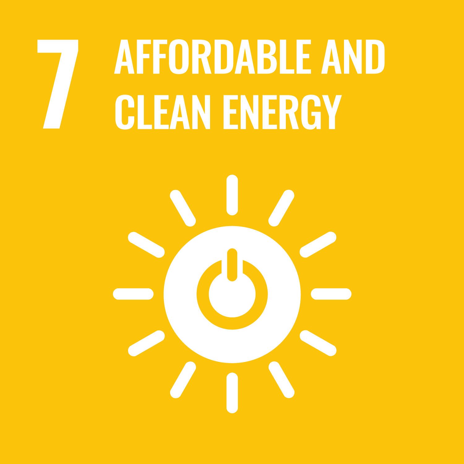 UN Sustainable Development Goal 7 icon for affordable and clean energy, featuring a white power button inside a sunburst against a yellow background.