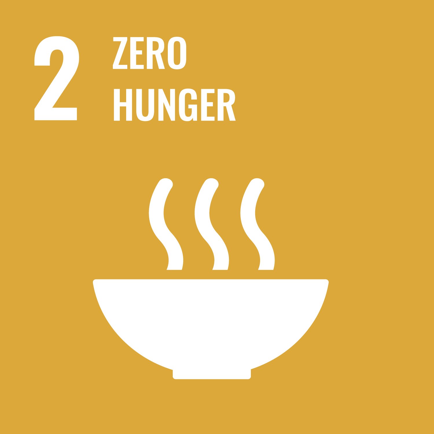 Icon for zero hunger Sustainable Development Goal with a steaming bowl of food on a yellow background