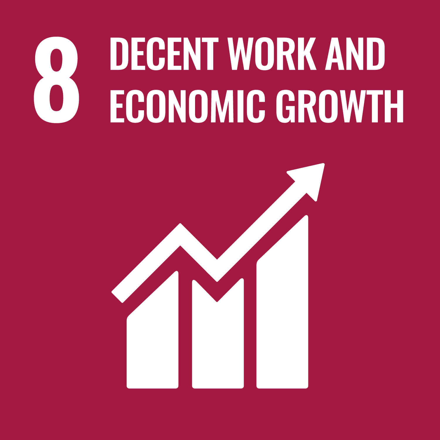 Graphic dedicated to Sustainable Development Goal 8: Decent Work and Economic Growth, featuring an upward trending bar graph with an arrow.