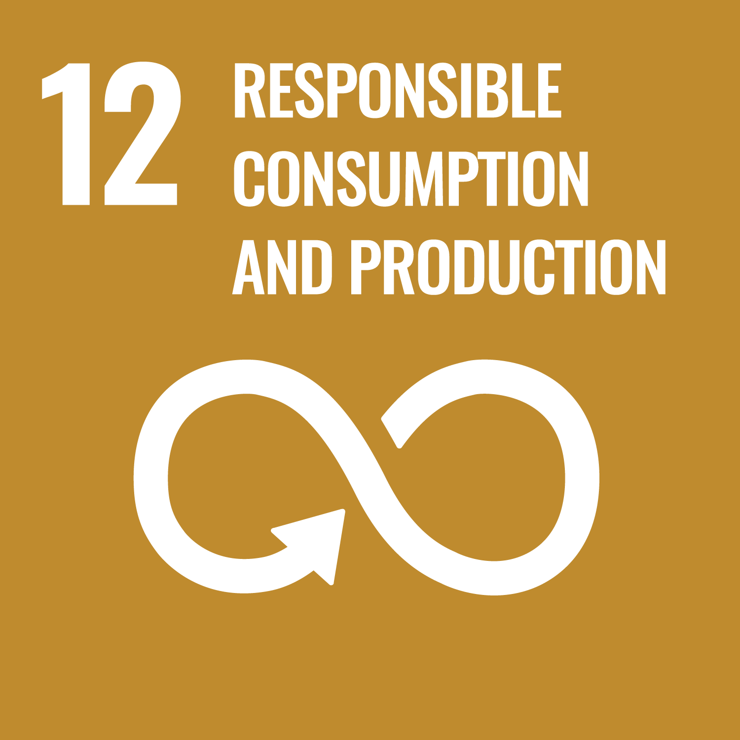 UN sustainable development goal 12 icon and text for responsible consumption and production with a gold background.