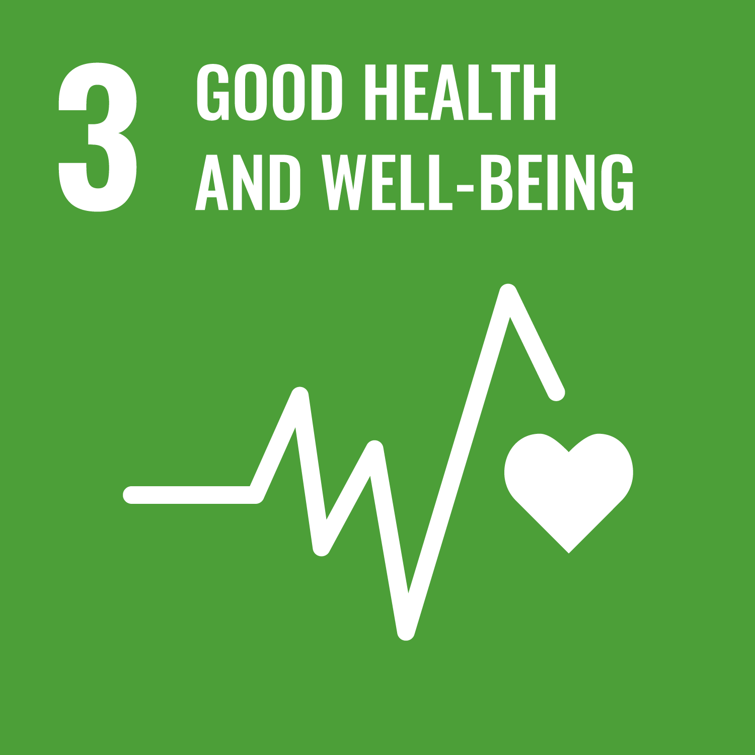 UN Sustainable Development Goal 3 icon with a green background, white heart and heartbeat line, and text promoting good health and well-being.