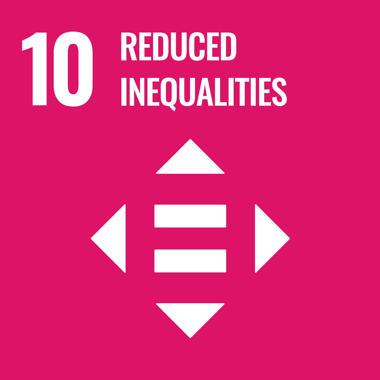 Icon representing goal 10 of the United Nations Sustainable Development Goals, which is to reduce inequalities, with upward and downward arrows and an equal sign, on a pink background.