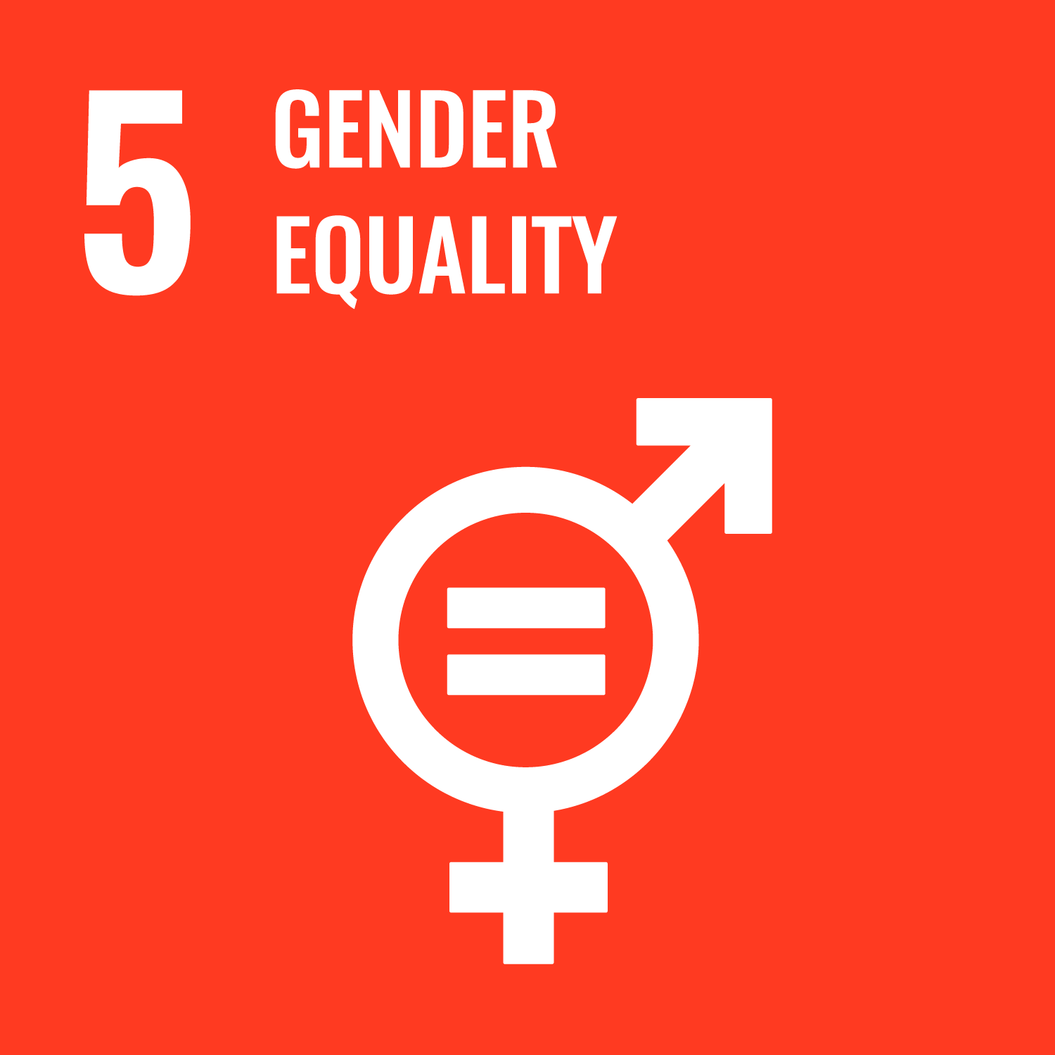 SDG 5 Gender Equality poster with a white gender symbol combining male and female symbols on a red background.