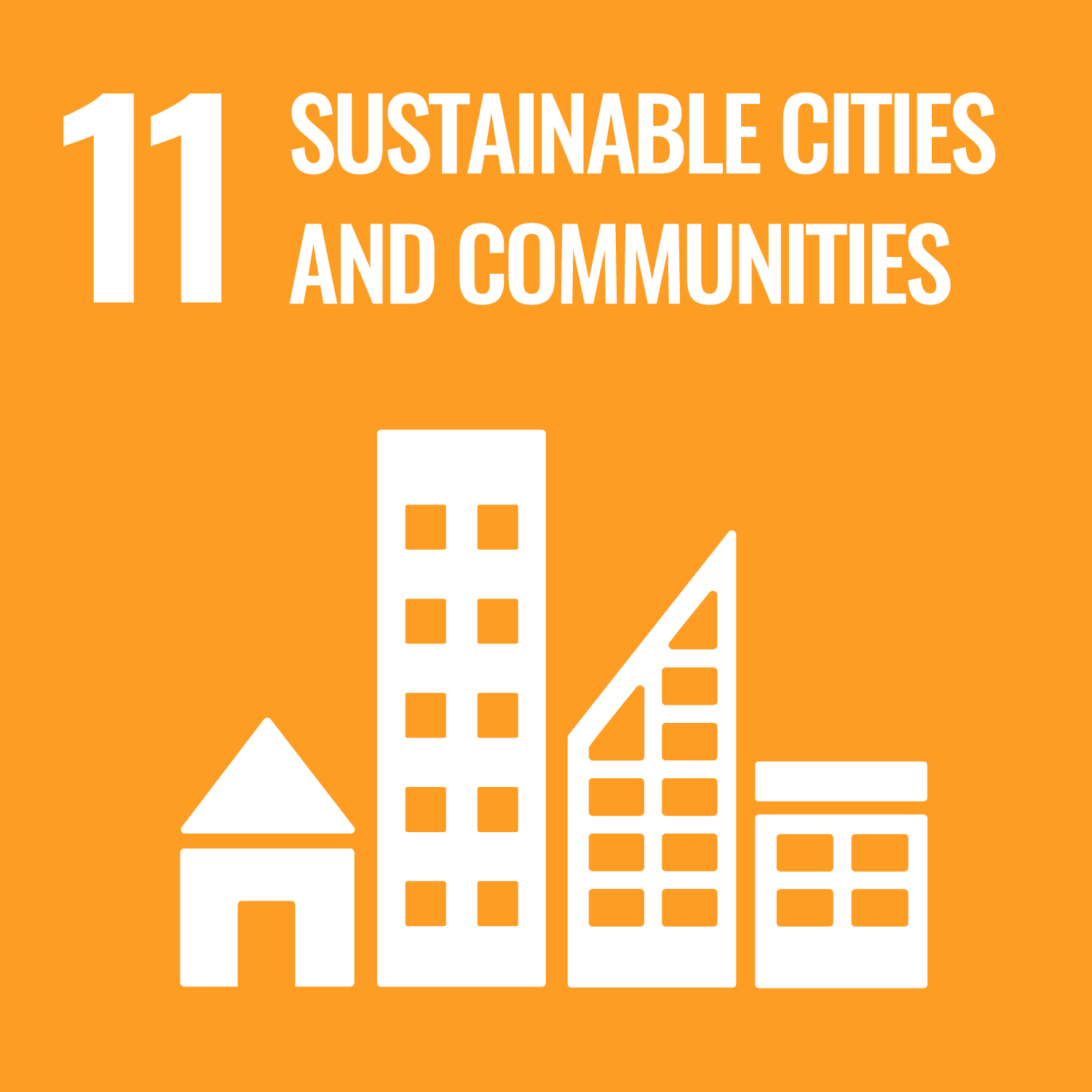 Icon representing sustainable cities and communities, featuring white silhouettes of various buildings on an orange background.