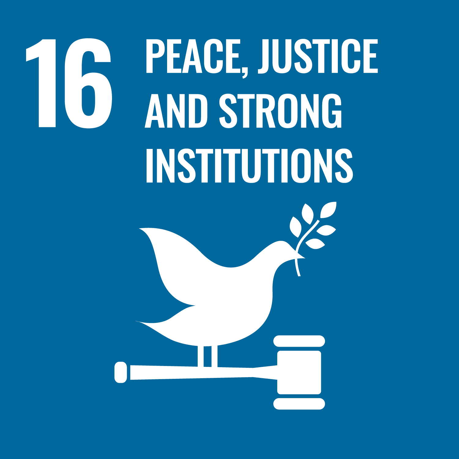 The United Nations Sustainable Development Goal 16 icon showing a white dove holding an olive branch standing on a gavel with the text '16 Peace, Justice and Strong Institutions' on a blue background.