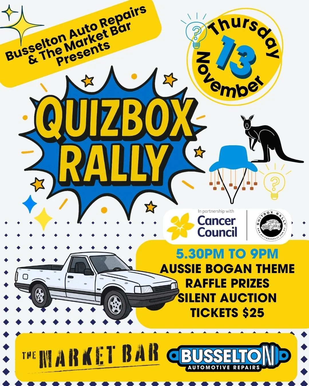 🚗 QUIZBOX RALLY 🧠🍻
We&rsquo;re excited to announce our first ever Quiz Night, hosted in partnership with The Market Bar at Origin Markets!

All proceeds go to the Cancer Council as we gear up to tackle the Shitbox Rally 2026 - driving a $1500 &ldq