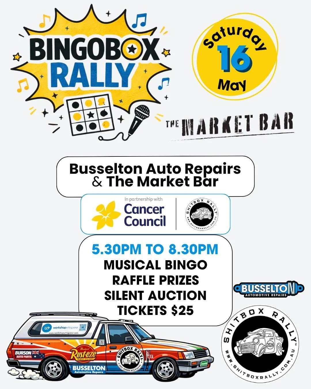 ⭐BINGO NIGHT⭐

We are super excited that we are going to be running a BINGO night at @themarketbarbusselton @originsmarket to raise funds for the Shitbox Rally. 

What you need to know:
⭐ Date: Saturday May 16th
⭐ Time: Doors open 5.30pm, Bingo start