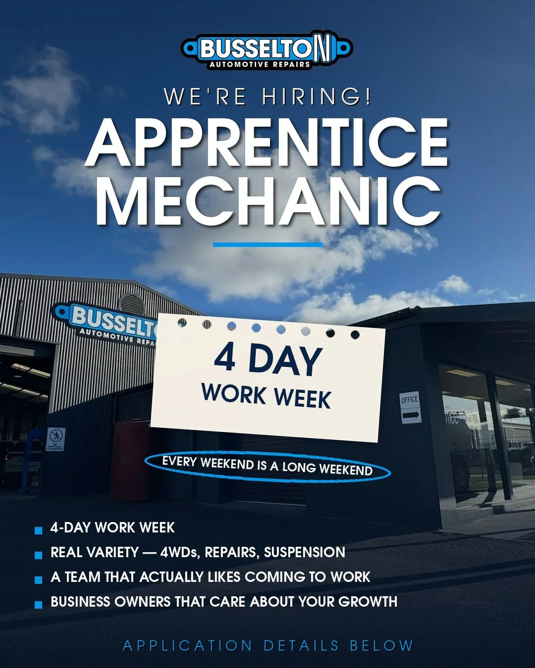 The team is growing - and we're after a second apprentice to join the crew.

If you're a 2nd, 3rd or 4th year apprentice mechanic in Busselton, this might be the one for you.

Here's what you'll get with us:
- A 4-day work week. Long weekend, every w