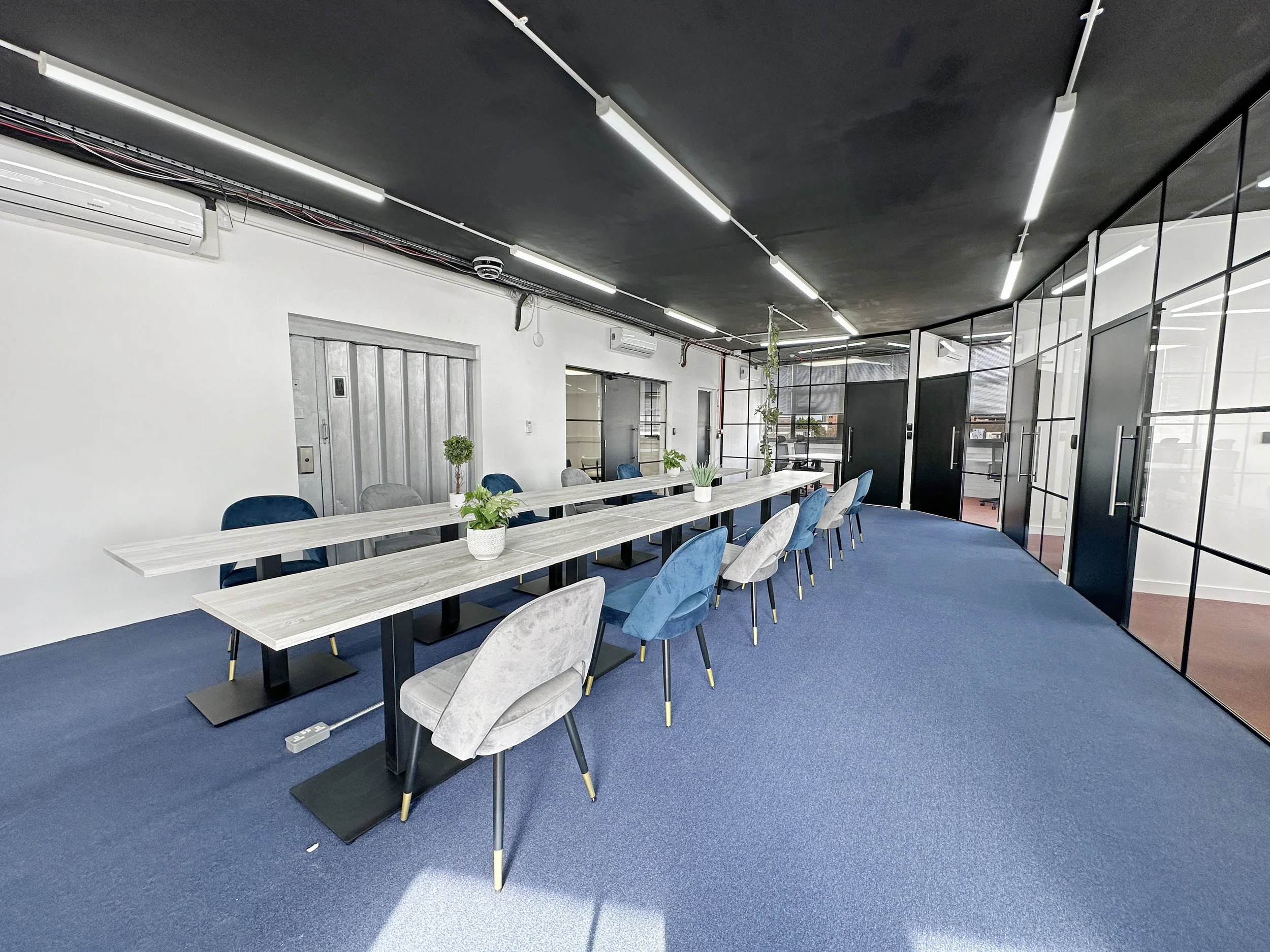Modern conference room with blue carpet, long tables, and blue and gray chairs. Potted plants are on the tables, and the room features glass partitions and bright lighting.