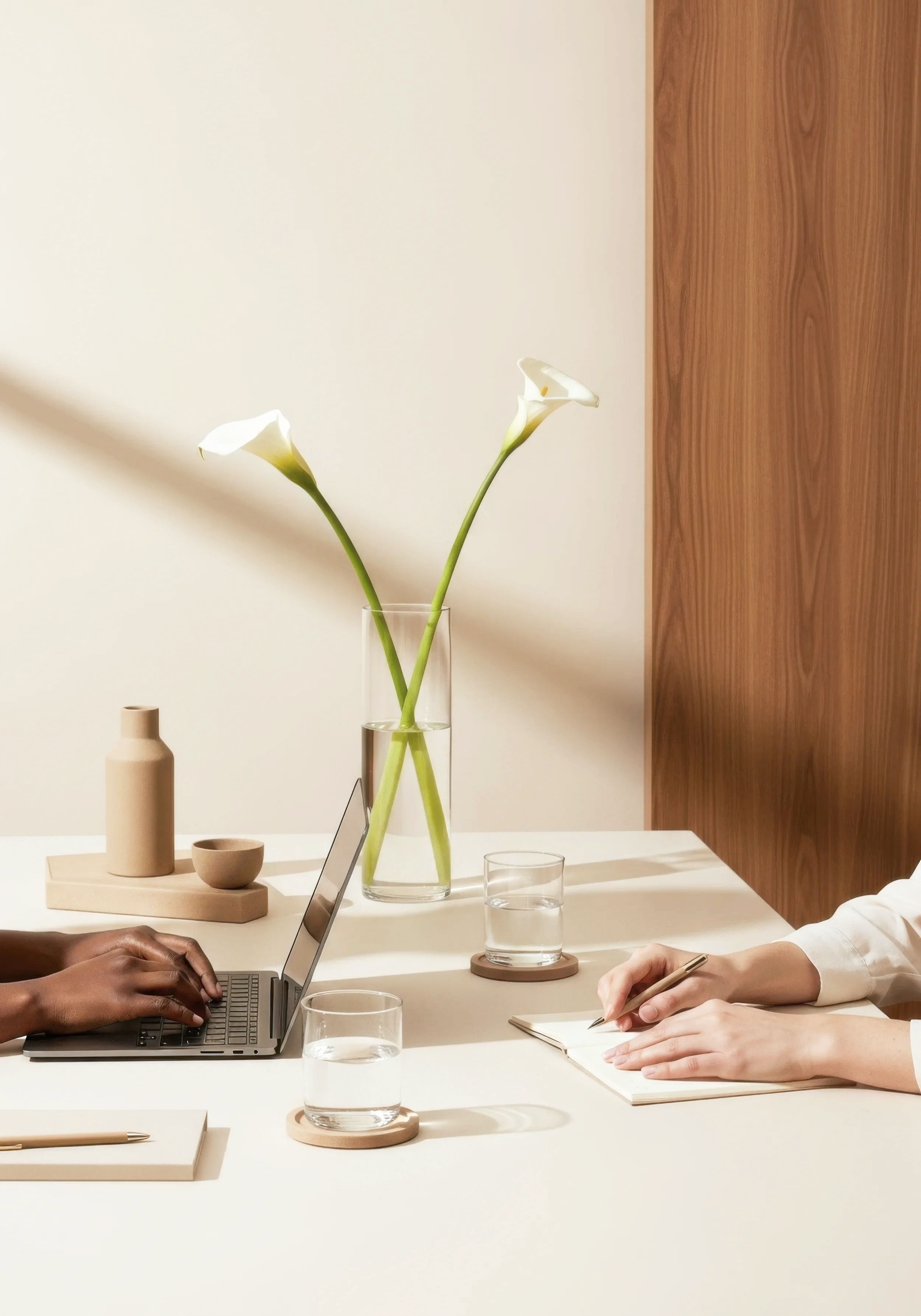 Two people working at a table with notebooks, glasses of water, and a laptop, with a vase of calla lilies in the background.